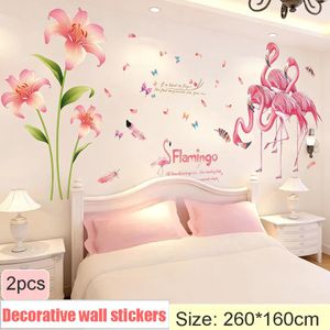 Lot de 2 - Stickers décoratifs pour chambre à coucher / Stickers muraux décoratifs 3D / Papier autocollant - Flamants roses + Lys roses