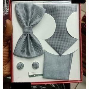 Coffret Accessoires Cravate + Pince + Nœud Papillon + Pochette + Bouton De Manchettes - GRIS