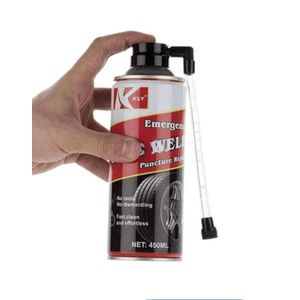une bombe anti-crevaison de la marque KLY (450 ml), conçue pour la réparation temporaire et le regonflage immédiat d'un pneu crevé sans démontage