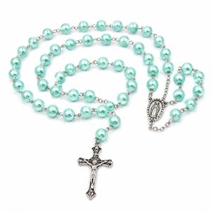 Chapelet Catholique en Perles de Verre Nacrées Vert d'Eau – Collier de Prière Chrétien avec Crucifix Métallique