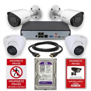 Dahua Kit Vidéosurveillance IP NVR Complet - 4 Caméras IP Infrarouge Mixte PoE 2Mp (2 Dômes + 2 Tubes) + Disque Dur 500Go + 2 Panneaux de Sécurité Offerts - Système Sécurité Numérique Prêt à l'Emploi
