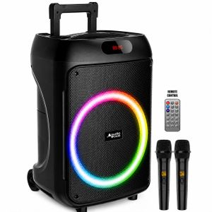 SinG-e Enceinte Bluetooth Portable 12"– 2 Microphones Sans Fil, Batterie 6000 mAh, LED RGB, Télécommande et Roulettes – Enceinte de Fête pour Intérieur et Extérieur