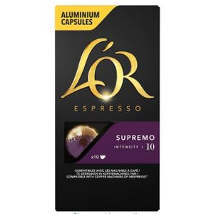 Café LOR espresso, 10 capsules Espresso SUPREMO  Intensité 10 intense et fruité.  Pour café serré, expresso ou allongé. Compatibles Nespresso. caractérisée par un goût puissant avec une généreuse mousse. Importé de France