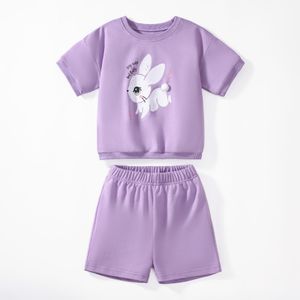 Ansona Ensemble 2 pièces en coton à 100% pour filles (3-7 ans) - T-shirt à manches courtes lavande (Lapin de dessin animé), Shorts assortis, Respirant