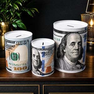 Ensemble de 3 Tirelires Géantes en Métal Motif 100 Dollars – 3 Formats – Boîtes à Épargne pour Pièces et Billets