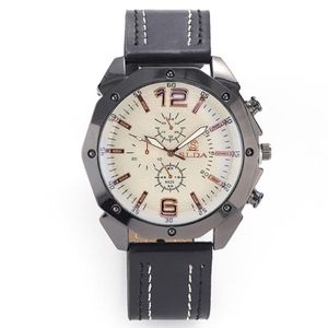 Montre à quartz chronographe homme à boîtier octogonal, cadran blanc avec bracelet en cuir noir, style sport et affaires