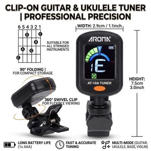 Accordeur électronique rechargeable à pince, adapté aux guitares, ukulélés, basses, violons et instruments à clavier.