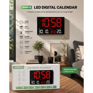 Calendrier Digital LED Géant - Horloge Électronique Murale JH2619 - Affichage Heure, Date, Mois, Température, Alarme Avec Snooze Et Format 12/24H