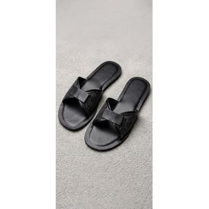  Paire De Sandales Plates Ouvertes En Cuir De Jute Pour Femme - Noir.