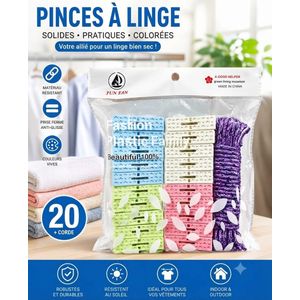 Lot de 20 Pinces à Linge Colorées avec Corde de Séchage - Résistantes et Pratiques