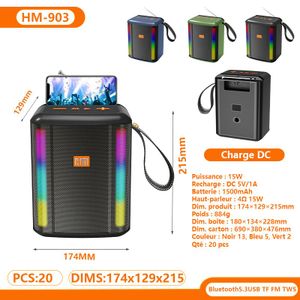 Enceinte Bluetooth portable avec poignée textile et double éclairage RGB vertical synchronisé, puissance 15W, support pour téléphone et port micro pour maison et sorties extérieures