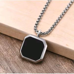 3D Fashion Longue Chaîne homme Hip Hop 60cm En Acier Inoxydable couleur Argenté pendentif carré incrusté de Noir idéal cadeau pour Noël saint valentin, mariage, anniversaire, baptême