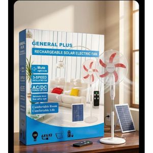 General Plus Ventilateur Solaire Rechargeable 18 Pouces - 3 Vitesses - Télécommande - LED - AC/DC