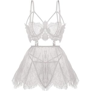 Ensemble lingerie femme en dentelle – Nuisette transparente 3 pièces