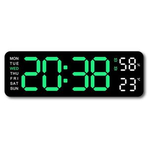 Horloge numérique multifonction minimaliste – Réveil rectangulaire à grands caractères, mural ou sur pied – Boîtier noir avec affichage vert