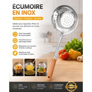 Écumoire filtrante micro-perforée en inox, panier à pâtes et nouilles avec poignée en bois