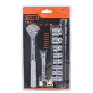 Jeu de Douilles Métriques TACTIX - Acier Chrome Vanadium (CR-V) - Cliquet Réversible 72 Dents - 8 Douilles de 10mm à 19mm - Qualité Industrielle pour Mécanique et Bricolage
