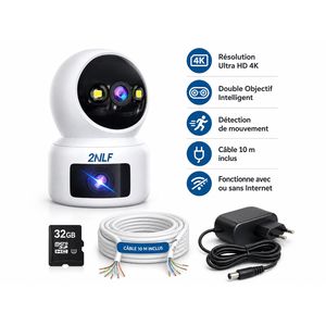 Pack Caméra de Surveillance Double Objectif 4K Ultra HD avec Carte Mémoire 32 Go, Câble Réseau 10m et Chargeur
