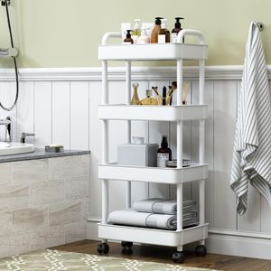 Chariot multi-usage en plastique à 4 niveaux avec poignée - Chariot de rangement multifonctionnel adapté aux bureaux, salons, et cuisines - Étagère de rangement mobile sur roulettes - Blanc
