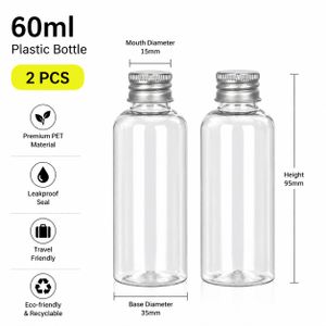 Bouteille en PET de 60 Millilitres avec Bouchon en Aluminium Deux Bouteilles Contenants Cosmétiques Rechargeables Etanches