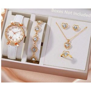 VEOUNDK Ensemble Bijoux Femme 5 Pièces, Montre Quartz Coeur Strass + Collier Boucles d'Oreilles Bague Bracelet Doré