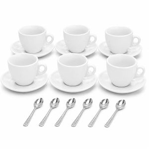 Service à Café Expresso  - Lot de 6 Tasses en Porcelaine + Sous-Tasses + Petites Cuillères Offertes