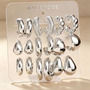 Set de 9 paires de boucles d'oreilles géométriques en forme de goutte pour femmes - Argent