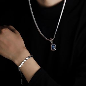 ARHANORY Ensemble de collier et bracelet pour hommes élégant avec pendentif géométrique en pierre bleue chaîne en acier titane - Argent