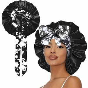 Bonnet de nuit en satin imprimé dentelle haute élasticité avec ruban à longue queue