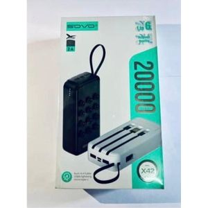 Power Bank SOVO X42 20000mAh - Batterie Externe Haute Capacité avec 4 Câbles Intégrés & Ventouses