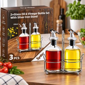 Syder Set de 2 Bouteilles en Verre pour Huile et Vinaigre 250 ml avec Support en Métal Argenté et Bec Verseur – Distributeurs Élégants pour Cuisine et Table