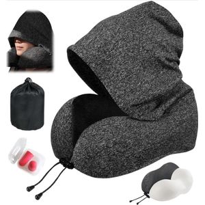 Oreiller De Voyage à Capuche Avec Sac Pour Avion,Bouchons D'oreilles, Oreiller Cervical Confortable En Forme De U En Mousse à Mémoire De Forme