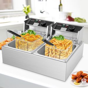 Hoffmans Friteuse 12L Electrique INOX, Friteuse Commerciale en Acier Inoxydable, à Double Réservoir 5000W Friteuse avec 2 Paniers à Frit.