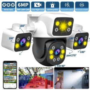 Caméra IP de sécurité extérieure HD à 3 objectifs avec zoom 10x, vision nocturne et fonction PTZ, compatible Wi-Fi.
