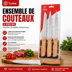 Ensemble de 3 Couteaux de Cuisine en Acier Inoxydable – Manches Ergonomiques en Bois