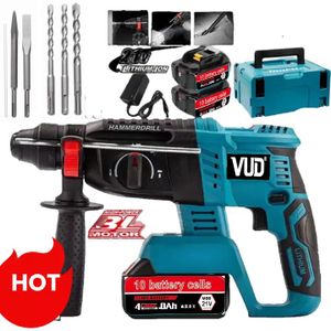Conducteur de perceuse électrique rotative sans brosse 21V avec 4 modes d’application, conception sans brosse, 2,1 joule d’énergie, marteau de démontage de béton sans brosse, comprend batterie et chargeur, 4 forets et 1 boîte à outils avancée