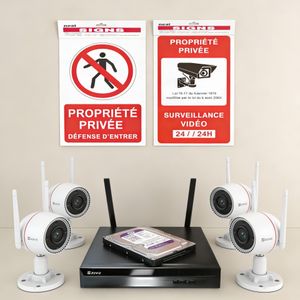 EZVIZ Kit Complet Vidéosurveillance Sans Fil - NVR + 4 Caméras WiFi + Disque Dur 500Go Inclus + 2 Panneaux Dissuasifs (Évolutif 8 Caméras)