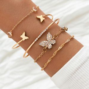 Bracelet de cristal de diamant de manchette ouverte de papillon bohème de 5pcs / Set