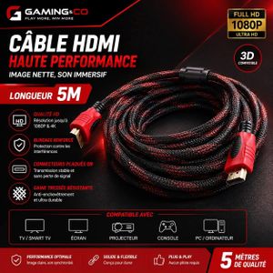 Câble HDMI Longueur 5 Mètres Haute Performance - Câble Ultra HD 4K & Full HD 1080P - Gaine Tressée Blindée et Connecteurs Plaqués Or, Rouge et Noir