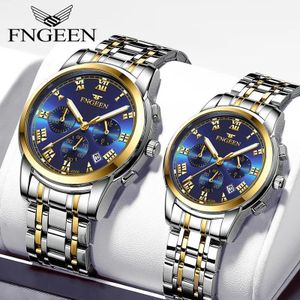 FNGEEN 4006 Couple Watch Luminous Calendar Date Luxury Big Dial Waterproof Three-eye Six-pin Sports Men Women Round Quartz Clock-one watch sliver