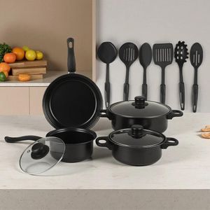 Ensemble de 13 casseroles et poêles à fond plat, revêtement en granit, batterie de cuisine antiadhésive compatible induction - Noir