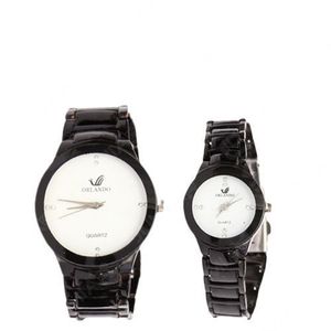 Ensemble Montre Couple - Tout Noir ,fond Blanc .