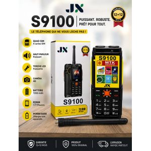 JX S9100 Téléphone Portable Quad SIM – 7200 mAh – Haut-Parleur Puissant – Torche LED – Caméra HD – Noir