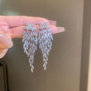 Boucles d'oreilles Argentées Déclaration Soldes Feuille Cristal Incrusté Longues Glands Acier Inoxydable Pour Femmes