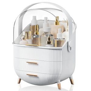 TodyJeyHo Organisateur de maquillage de comptoir, porte-pinceaux de maquillage, boîte de rangement avec poignée, grande vitrine de cosmétiques pour chambre et salle de bain, blanc