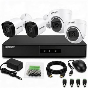 Hikvision  Kit Vidéosurveillance Mixte 4 Caméras : 2 Dômes (Intérieur) + 2 Bullets (Extérieur) Full HD 1080p - DVR 4CH - Numéro 1 Mondial - SANS DISQUE DUR