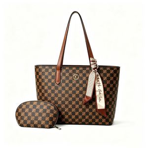 Sac à Main Tote Bag 2 Pièces à Carreaux Classique pour Femme, Cuir Synthétique Durable, avec Pochette Assortie et Écharpe Décorative, Couleur Marron Élégante