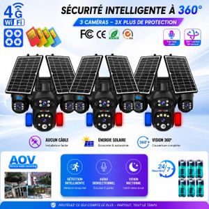 3 Caméras de surveillance solaire 4G avec carte SIM, système de sécurité domestique Wi-Fi, caméra IP CCTV Wi-Fi extérieure 4 objectifs 20MP
