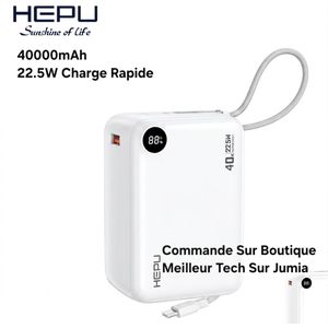 Hepu Power Bank 40000mAh Ultra Capacité HP-A20 Blanc - 22.5W Charge Super Rapide - 2 Cable  - 2 Ports Universel