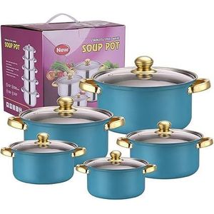 Ensemble de 10 pièces de batterie de cuisine, marmite à soupe en acier inoxydable à double poignée de couleur dorée, convient aux cuisines domestiques et aux plaques à induction - bleu foncé.